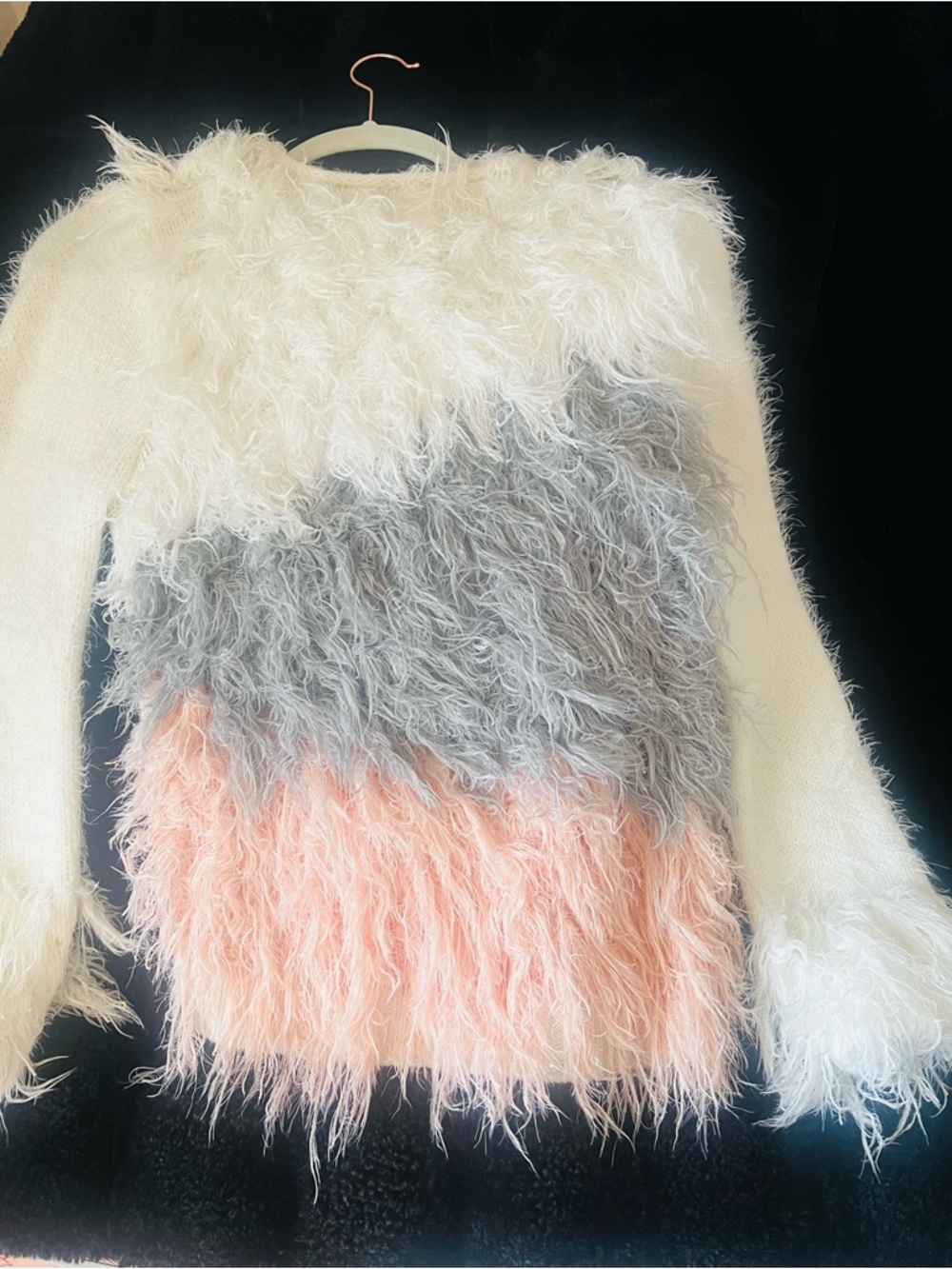 Main Strip Faux Fur Colorblock Crew Sweater in White, Gray & Pink